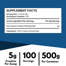 Load image into Gallery viewer, 500g Creatine Monohydrate – Big Tub – 5g per Scoop - 100 Servings - Micronised Creatine Supplement for Building Muscle and Strength Gains – Unflavoured, Dissolves Easy – Made in UK