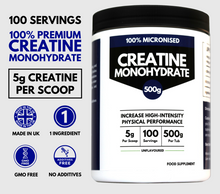 Load image into Gallery viewer, 500g Creatine Monohydrate – Big Tub – 5g per Scoop - 100 Servings - Micronised Creatine Supplement for Building Muscle and Strength Gains – Unflavoured, Dissolves Easy – Made in UK