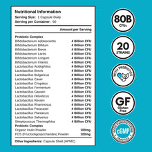 Load image into Gallery viewer, 80 Billion CFU Probiotics - 20 Strains + Prebiotics | Lactobacillus and Bifidobacterium Strains | Probiotics for Women and Men | Made in The UK – 2 Month Supply
