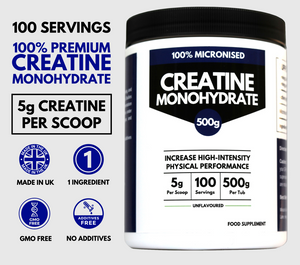 500g Creatine Monohydrate – Big Tub – 5g per Scoop - 100 Servings - Micronised Creatine Supplement for Building Muscle and Strength Gains – Unflavoured, Dissolves Easy – Made in UK