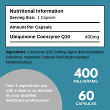 Load image into Gallery viewer, CoQ10 400mg - Highest Strength Ubiquinone Coenzyme Q10 | Powerful Antioxidant for Heart and Vascular Health, Essential for Energy Production | 60 Capsules - 2 Month Supply | Made in The UK
