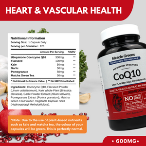 Powerful CoQ10 Complex - 300mg Max Strength, 120 Capsules | Boosted with Kale, Flaxseed, Garlic and More | High Absorption Naturally Fermented Co Enzyme Q10 for Heart Health and Energy | Made in UK